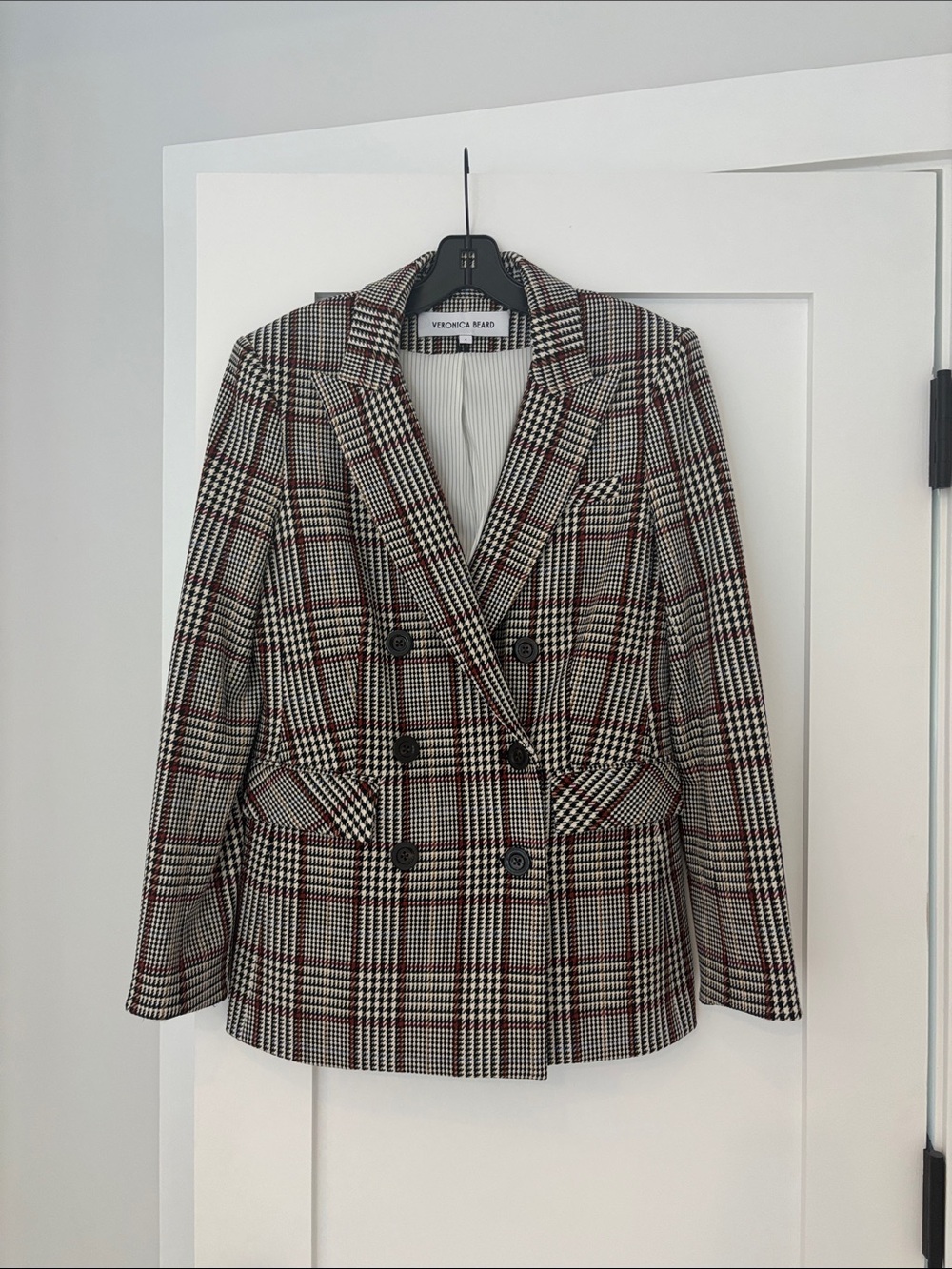 Veronica Beard Double-Breasted Glen Plaid Blazer in Red and Black